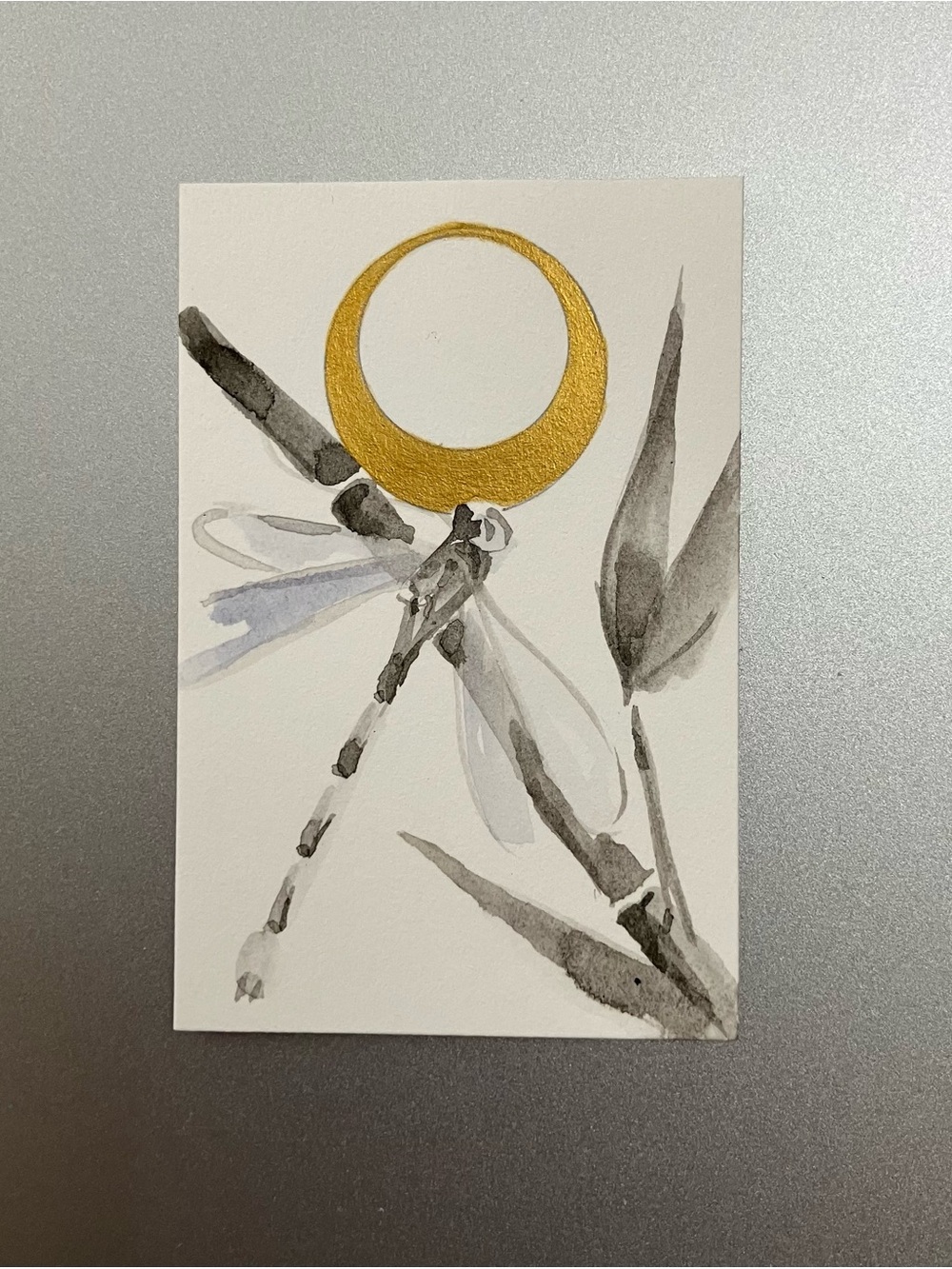 Original dragonfly painting miniature realism art sumi-e style ink artwork USA